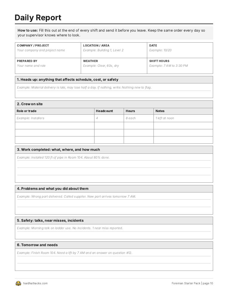 Daily report template page